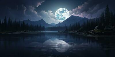 ai generiert. ai generativ. Abend Nacht Natur draussen Landschaft Hintergrund voll Mond und Berge. Grafik Kunst foto