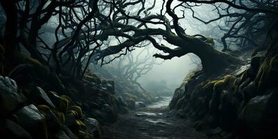 ai generiert. ai generativ. gespenstisch Grusel böse dunkel gotisch Halloween Wald Urwald verdrehte Baum Geäst Dekoration Hintergrund. Grafik Kunst foto