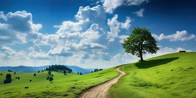 ai generiert. ai generativ. Natur draussen Landschaft Hintergrund mit Hügel Berg Feld Wiese Landschaft und Straße. Grafik Kunst foto