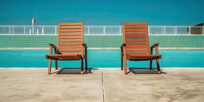 ai generiert. ai generativ. zwei hölzern dech Stühle beim Schwimmen Schwimmbad. Ferien entspannend Hotel Zeit. Grafik Kunst foto