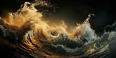 ai generiert. ai generativ. dunkel schwarz und Gelb Spritzen Wasser Meer Ozean Wellen dekorativ Hintergrund. Grafik Kunst foto