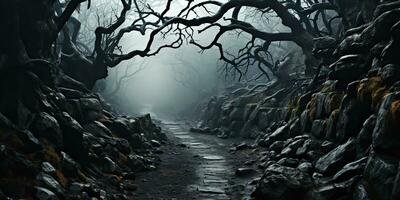 ai generiert. ai generativ. gespenstisch Grusel böse dunkel gotisch Halloween Wald Urwald verdrehte Baum Geäst Dekoration Hintergrund. Grafik Kunst foto