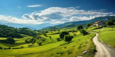 ai generiert. ai generativ. Natur draussen Landschaft Hintergrund mit Hügel Berg Feld Wiese Landschaft und Straße. Grafik Kunst foto