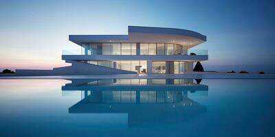 ai generiert. ai generativ. modern Luxus Villa Haus Luxus Hotel entspannend die Architektur mit Schwimmen Schwimmbad Dekoration. Grafik Kunst foto