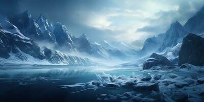 ai generiert. ai generativ. Winter Eis Schnee gefroren See Natur draussen Hintergrund mit Berge Landschaft. Grafik Kunst foto