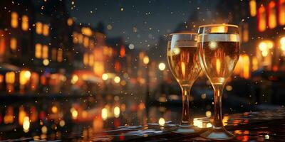 ai generiert. ai generativ. Weihnachten Neu Jahr Vorabend Nacht Party Feier mit 2 Brille von Wein Champagner. Grafik Kunst foto