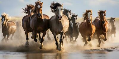 ai generiert. ai generativ. Gruppe von Pferde Laufen draussen Natur Hintergrund. wild Leben Tier Dekoration. Grafik Kunst foto