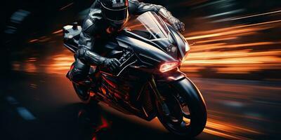 ai generiert. ai generativ. Motorrad Biker Fahrer auf Sport Zukunft Motorrad im Bewegung Umzug. Cyberpunk Synthwave Stimmung. Grafik Kunst foto