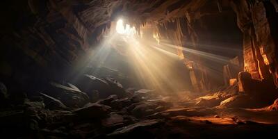 ai generiert. ai generativ. alt tief Höhle unter Erde Witz Sonne Strahl Licht von über. Grafik Kunst foto