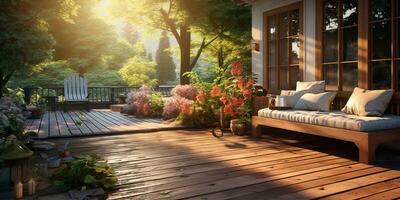 ai generiert. ai generativ. draussen Natur Außen Zuhause Haus Hotel die Architektur Garten mit gemütlich Sofa und Tisch. viele Pflanzen und Blumen beim Sonnenuntergang Zeit. Grafik Kunst foto
