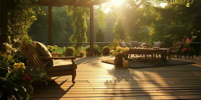 ai generiert. ai generativ. draussen Natur Außen Zuhause Haus Hotel die Architektur Garten mit gemütlich Sofa und Tisch. viele Pflanzen und Blumen beim Sonnenuntergang Zeit. Grafik Kunst foto