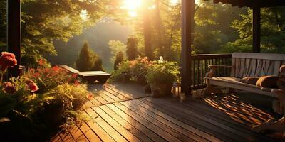 ai generiert. ai generativ. draussen Natur Außen Zuhause Haus Hotel die Architektur Garten mit gemütlich Sofa und Tisch. viele Pflanzen und Blumen beim Sonnenuntergang Zeit. Grafik Kunst foto