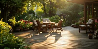 ai generiert. ai generativ. draussen Natur Außen Zuhause Haus Hotel die Architektur Garten mit gemütlich Sofa und Tisch. viele Pflanzen und Blumen beim Sonnenuntergang Zeit. Grafik Kunst foto