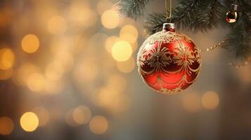 Weihnachten Baum Ast mit glänzend Ornamente und Beleuchtung ai generativ foto