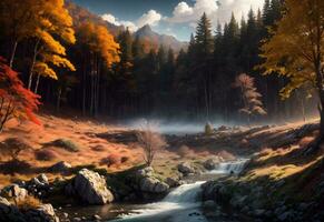 Landschaft Fluss mit Wasserfall im Herbst Wald ai generiert foto