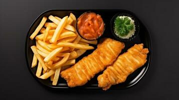 oben Aussicht lecker Essen Fisch und Chips Teller auf ein schwarz Hintergrund ai generiert foto