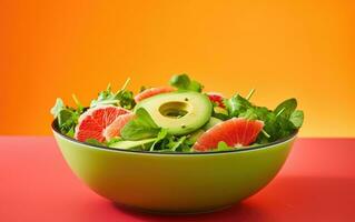 gesund Salat mit Avocado, Grapefruits, und Grün im ein Schüssel auf bunt Hintergrund ai generiert foto