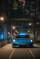Blau Sport Auto im Nacht Straße mit Gebäude Hintergrund ai generiert foto