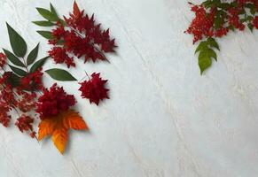 Herbst Blätter und Blume eben legen im Weiß Hintergrund mit Kopieren Raum ai generiert foto