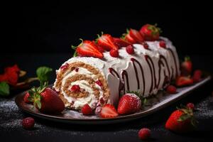 Kuchen rollen mit Erdbeeren und Sahne Käse. auf dunkel Hintergrund. ai generiert foto