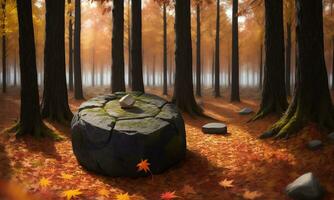 Herbst Wald mit Stein Podium im das Mitte ai generiert foto