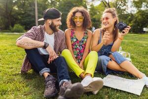 glücklich jung Unternehmen von reden lächelnd freunde Sitzung Park foto