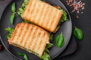 köstlich knusprig Sandwich mit Toast, Lachs, Avocado, Tomaten, Salz, Gewürze und Kräuter foto