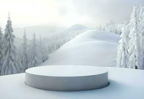 hölzern Podium Produkt Attrappe, Lehrmodell, Simulation mit schneebedeckt Winter Hintergrund ai generiert foto