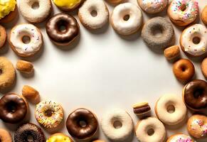 bunt Donuts eben legen mit Kopieren Raum im Pastell- Hintergrund ai generiert foto
