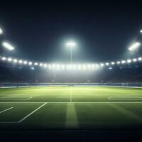 Panorama- Aussicht von Fußball Stadion. leeren Nacht Fußball Feld, niemand, Banner Vorlage, Kopieren Raum. ai generiert foto