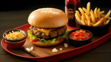 groß Burger und Chips mit Tomate Soße ai generiert foto