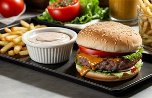 gegrillt Rindfleischburger und Fritten ein klassisch Mahlzeit ai generiert foto