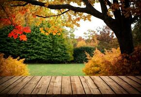 leeren hölzern Tabelle Attrappe, Lehrmodell, Simulation mit Herbst Garten Hintergrund ai generiert foto