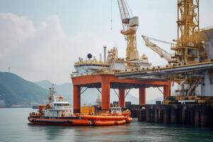 Antenne Aussicht von Off-Shore Öl und Gas rig Konstruktion Bahnhof Plattform auf das Meer. Industrie suchen zum Treibstoff und Energie, Extrakt Prozess Petroleum und natürlich Gas beim Ozean unter Meeresboden. foto