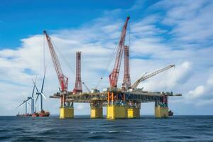 Antenne Aussicht von Off-Shore Öl und Gas rig Konstruktion Bahnhof Plattform auf das Meer. Industrie suchen zum Treibstoff und Energie, Extrakt Prozess Petroleum und natürlich Gas beim Ozean unter Meeresboden. foto