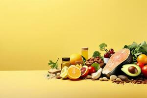 gesund natürlich Essen Zutaten mit verschiedene Art von Gemüse, Obst und Saat auf Tisch, Auswahl zum gut Gesundheit. foto