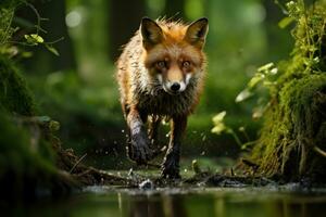 Porträt von wenig Fuchs versteckt oder lauern im das Wald Jagd zum Beute, Tiere Tierwelt Konzept, Tier im das Dschungel, gefährlich Zeit. foto