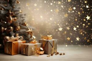 glücklich Besondere golden Weihnachten mit funkelnd oder glänzend verschwommen Hintergrund, glücklich Neu Jahr mit Ornament Dekoration. foto