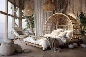 Schlafzimmer Innere Dekoration mit Rattan Bohème-Stil, warm Ton, natürlich hölzern im minimal Design Konzept. foto