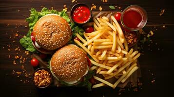 unwiderstehlich schnell Essen Versuchung zwei Hamburger, Französisch Fritten, Saucen, und Getränke im oben Sicht. ai generiert foto