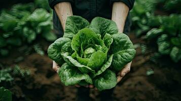 reichlich Ernte von frisch Grün Grüner Salat umarmt durch Hände, gedeihen im ein heiter Garten Einstellung. ai generiert foto