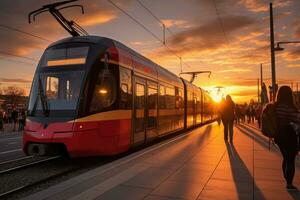 schnell Zug ankommen beim ein Bus stoppen, ai generiert foto