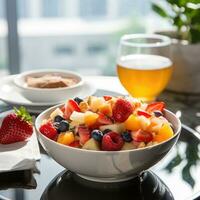 Schüssel von gesund frisch Obst Salat, ai generiert foto