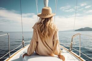 blond Frau mit Hut sitzt auf ein Yacht und genießt das Sommer- Urlaub, ai generiert foto