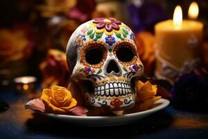 dia de los Muertos Feier Hintergrund mit Zucker Schädel, Ringelblumen Blumen, ai generiert foto