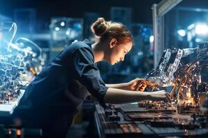 Fachmann Ingenieurwesen Frau Arbeiten mit das Schreibtisch im das Fabrik oder Büro. Design ein Roboter. ai generativ foto