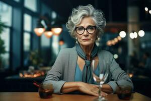 ein Alten Frau mit Gläser, Wer läuft ein Restaurant. KI-generiert foto