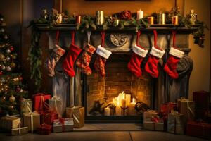 Weihnachten Socken hängend auf das Kamin. ai generiert foto