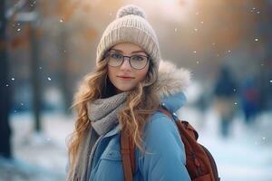ein jung Schüler Mädchen mit Brille und ein Rucksack geht zu Hochschule im Winter. KI-generiert foto