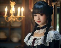 süß asiatisch jung Mädchen gekleidet im lolita Maid Kleid ai generativ foto